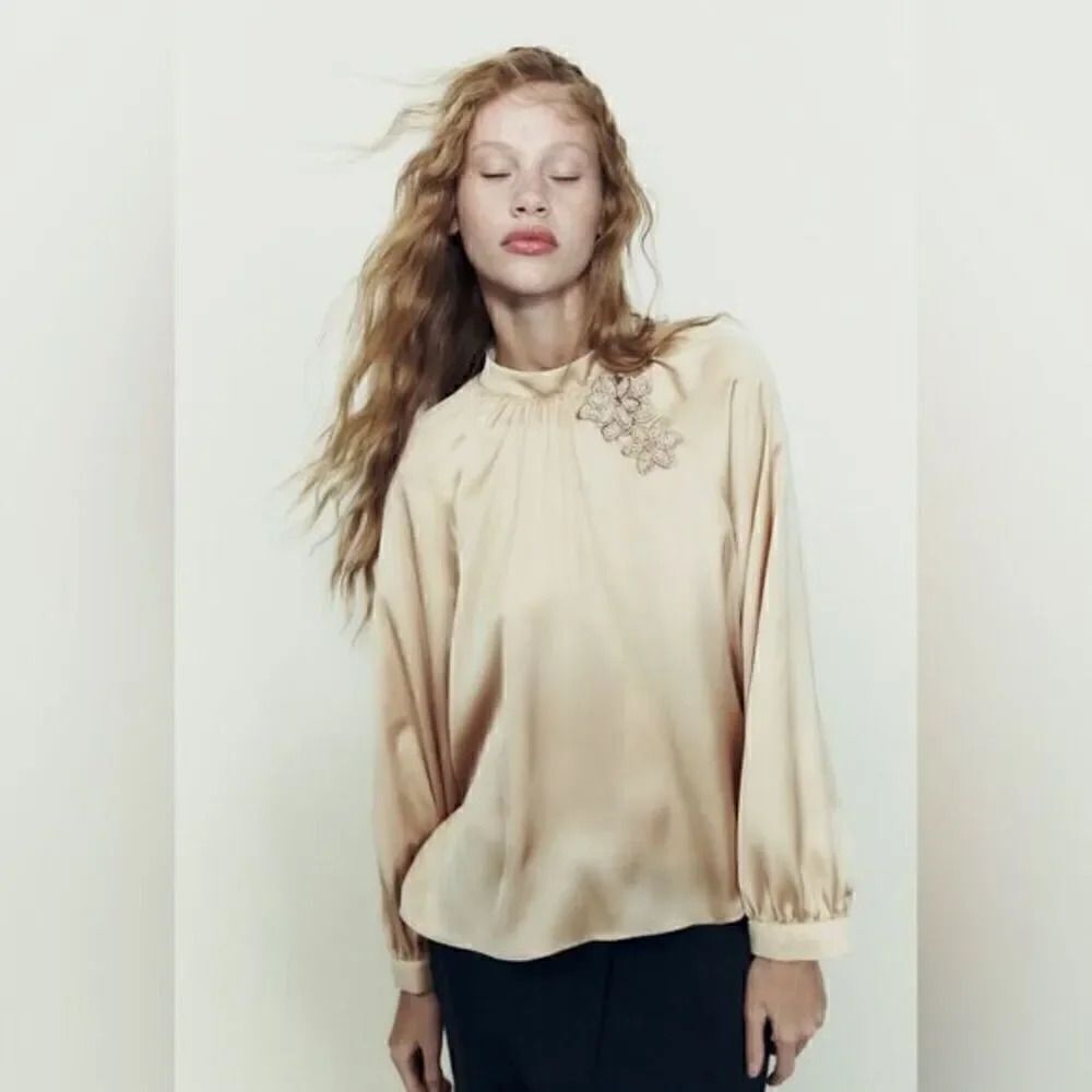 Zara Cream Satin Blouse with Embroidered Accent
